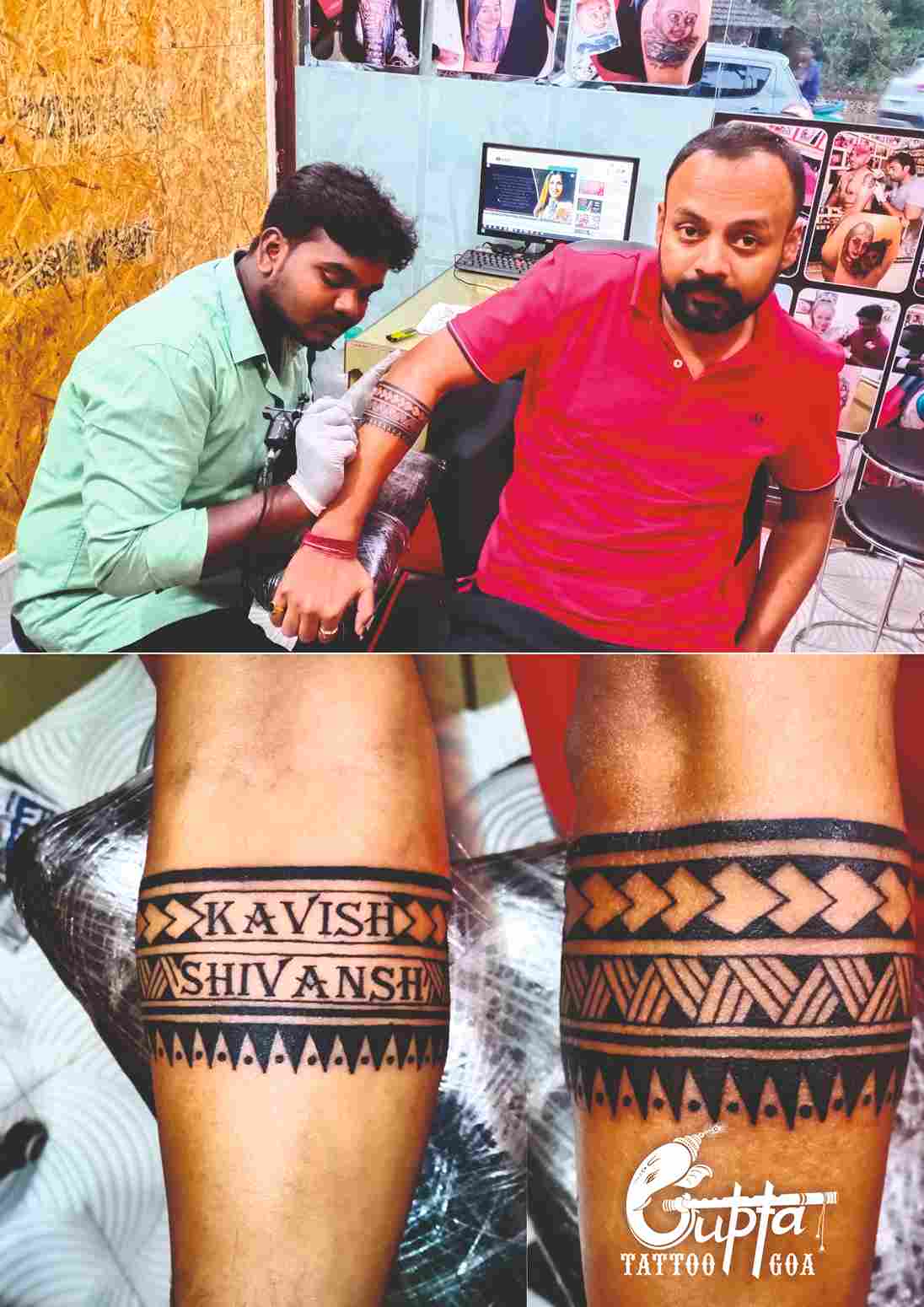 Hindu Sanskrit tribal design on right lower leg, below knee to top